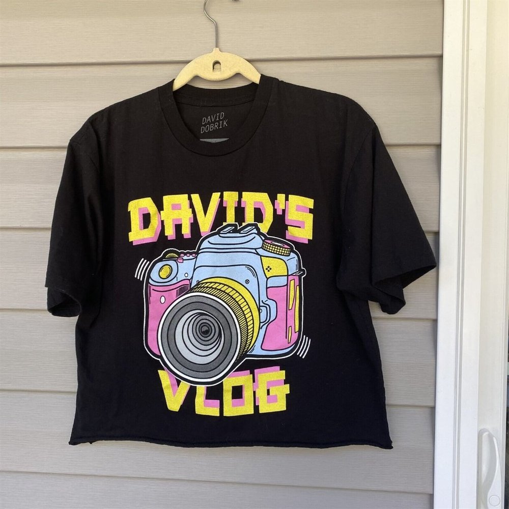 David Dobrik Merch DAVID VLOG Neon Camera Black T Shirt Cropped Size Large